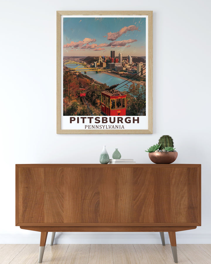 A detailed Pittsburgh cityscape print featuring the Duquesne Incline and the Ohio River. This fine line print highlights the beauty of the citys skyline and the historic Incline, making it a must have for any Pittsburgh enthusiast or traveler.