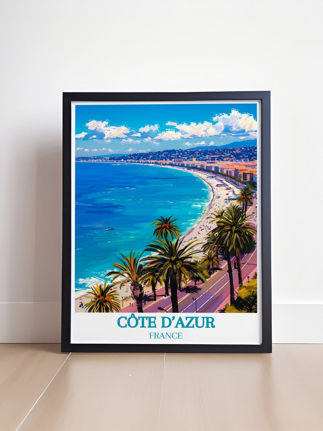 Framed art print of Promenade des Anglais, Nice, Côte dAzur, France, capturing the elegance of the region. The artwork showcases the stunning Mediterranean views, grand hotels, and lively street scenes, making it a striking addition to any art collection.