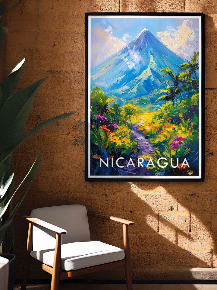 Nicaragua map art highlighting the volcanoes adding sophistication to any room with detailed artwork and vibrant colors perfect for home decor and nature lovers