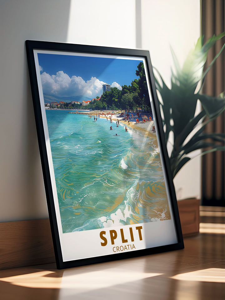 Bring the beauty of Split into your home with this detailed poster, highlighting the historical significance and coastal charm of Bačvice Beach in Croatia.