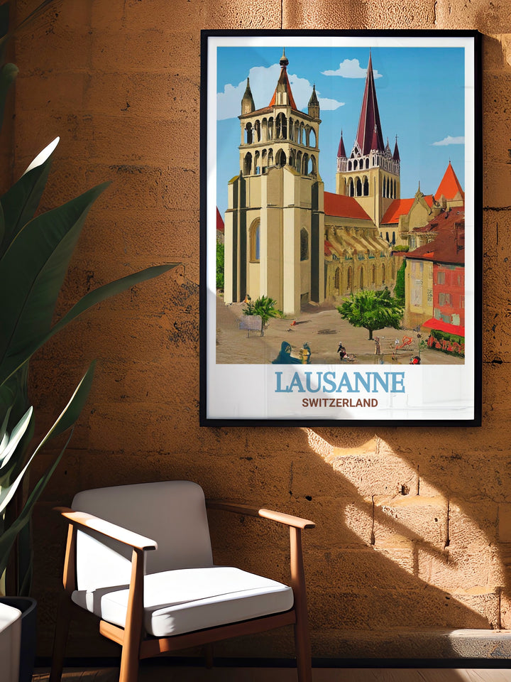 Bring the essence of Switzerland into your home with this art print, featuring the majestic Lausanne Cathedral. A timeless piece that adds character and sophistication to your space.