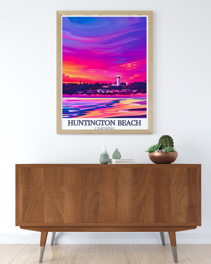 Explore Californias coastal splendor with this Huntington Beach travel print, featuring the lighthouse and waves of Huntington State Beach. Perfect for bringing a touch of the beach into your home, this print also makes for a thoughtful personalized gift.