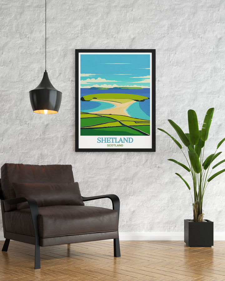 Wall Art featuring St Ninians Isle, with a focus on the natural beauty and historical significance of the Shetland Islands. This artwork brings the serenity and rugged charm of Scotlands coast into your living space, making it an excellent choice for those who love Scottish history and landscapes.