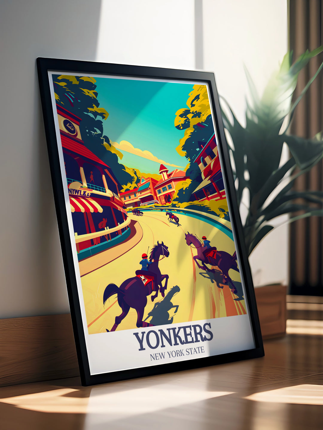 Beautiful Yonkers poster featuring Yonkers Raceway Empire City Casino and vibrant cityscape perfect for home decor and personalized gifts ideal for those who love modern art and vintage aesthetics