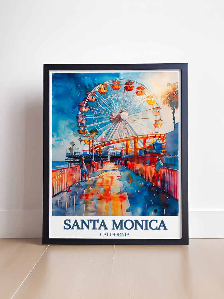 Detailed illustration of Pacific Park, showcasing its lively amusement park rides, vibrant atmosphere, and scenic ocean views. Perfect for celebrating the coastal charm of Santa Monica.