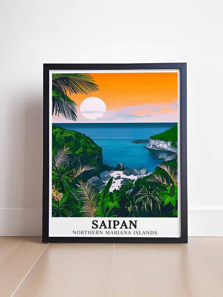 Marine Beach travel wall art showcasing the crystal clear waters and soft sandy shores of Saipan near Kagman. These art pieces are a beautiful addition to home decor, offering a visual escape to the tranquil beauty of Marine Beach. Ideal for nature lovers, these prints bring the charm of the Mariana Islands into your living space.