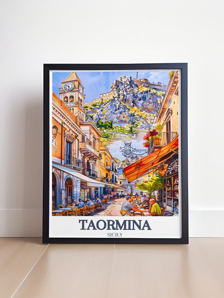 Italy travel gift featuring Corso Umberto and Piazza IX Aprile in Taormina. This poster is a perfect representation of Italys charm, capturing the essence of Taorminas vibrant streets and squares