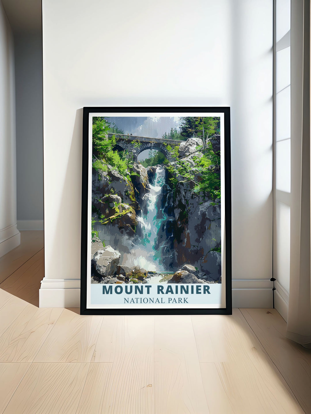 Beautiful Mount Rainier poster featuring the majestic peak of Washington State part of our National Park Print collection showcasing the Cascade Range perfect for adding elegant home decor to any room with stunning mountain wall art including Christine Falls