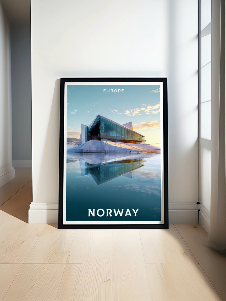 Flekkefjord poster featuring Norwegian mountains and charming streets ideal for modern home art with Oslo Opera House Layout stunning living room decor