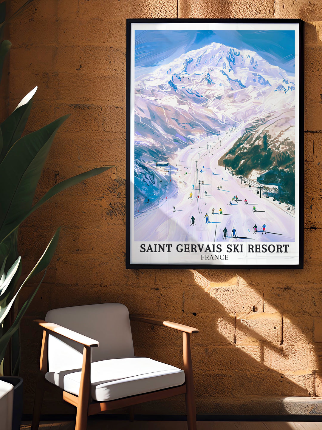 A retro ski poster featuring Saint Gervais and Mont Blanc, designed to evoke the nostalgia of classic ski adventures. This artwork adds a vintage touch to your decor, celebrating the rich history of skiing in the French Alps.