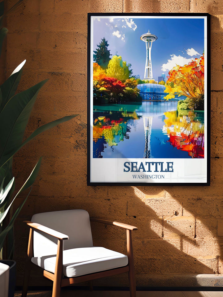 Enjoy a piece of Seattles skyline with this stunning poster print featuring the Space Needle and Chihuly Garden. Perfect for travel lovers and art enthusiasts, this wall art adds a pop of color and elegance to any room.