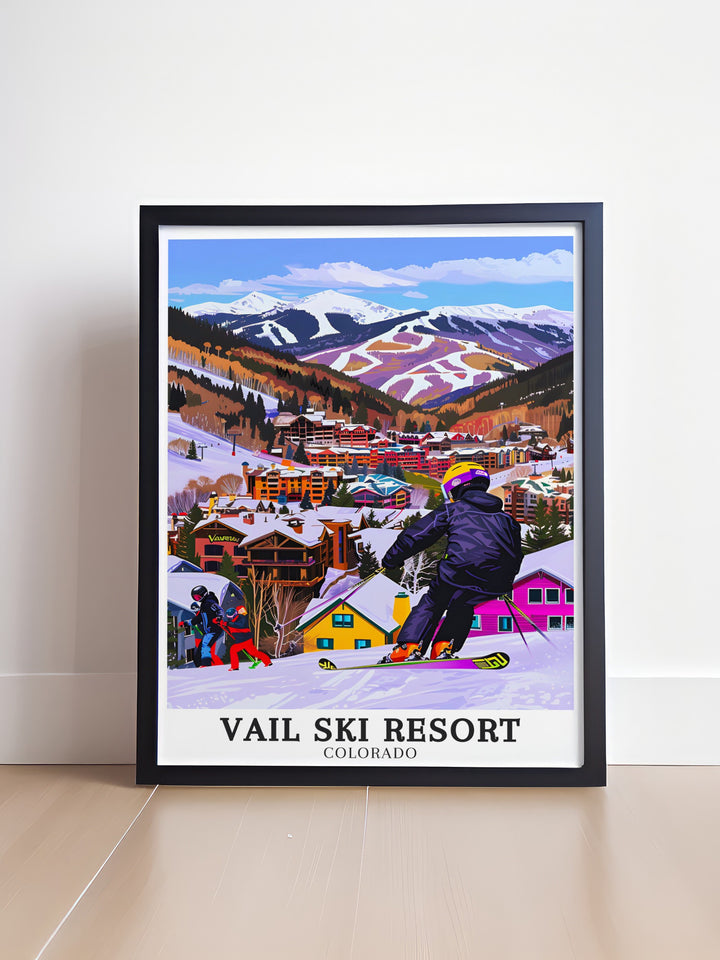 Experience the beauty of Vail Ski Resort through this stunning canvas art. Highlighting the thrilling Golden Peak Terrain Park and the towering Vail Mountain, this artwork is perfect for anyone who loves skiing or Colorados outdoor adventures.