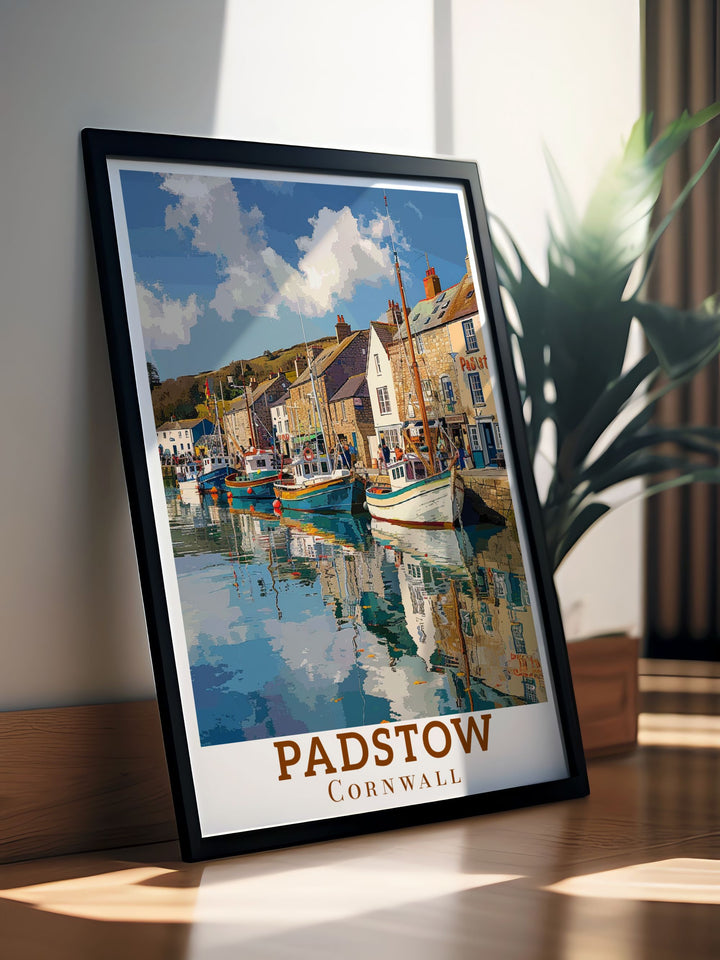 Padstow Harbor print capturing the beauty of Cornwall seaside perfect for enhancing your living space and bringing the charm of fishing Cornwall into your home an ideal piece for modern decor and those who love Cornwall travel and coastal art