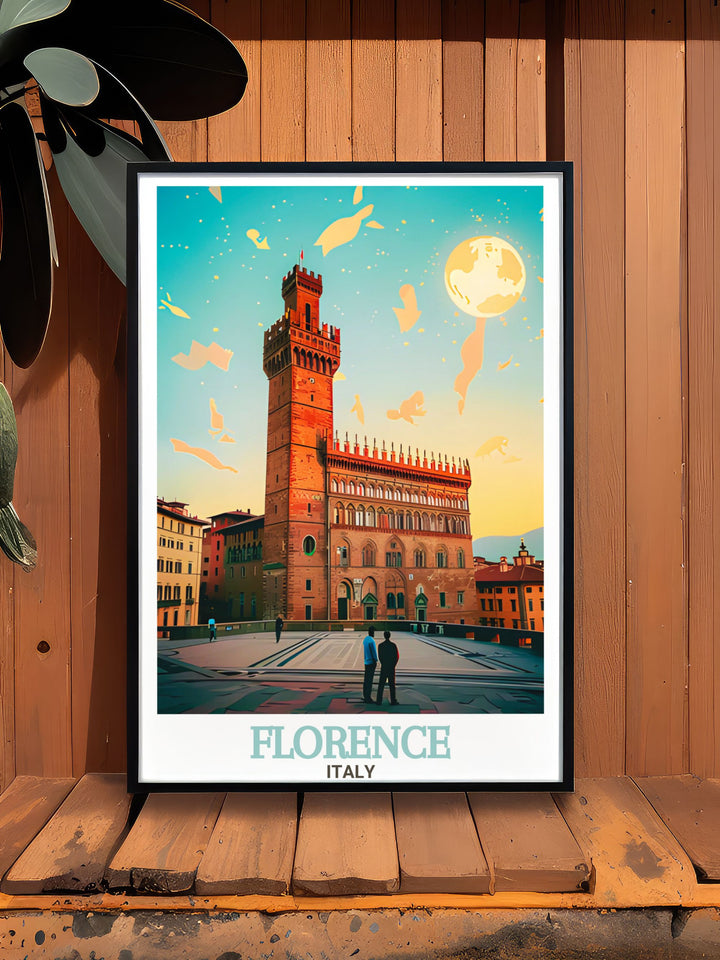 Florence travel print featuring Palazzo Vecchio is perfect for anyone who loves Italy and its historic architecture. This artwork brings out the charm of Florence in vivid colors and detailed designs making it a perfect addition to any room in your home