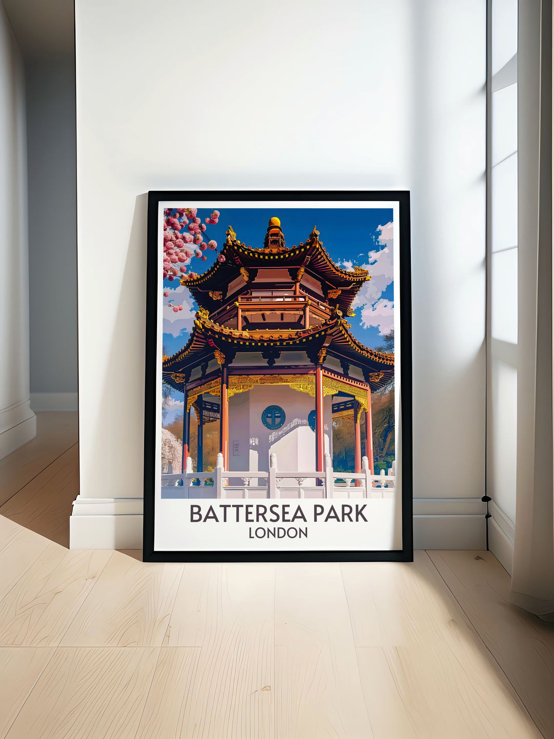 Battersea Park Pagoda modern prints showcasing the serene Peace Pagoda surrounded by lush greenery perfect for London wall art enthusiasts and vintage London print collectors