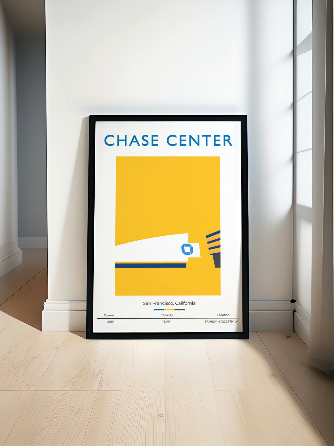 Chase Center Art Print showcasing the iconic home of the Golden State Warriors in San Francisco perfect for basketball fans looking for bold modern wall art for their living room office or dorm room an ideal gift for boys or dads who love NBA history.