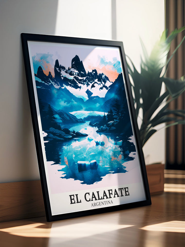 This El Calafate travel poster features a detailed depiction of Patagonias famous Laguna de los Tres and the towering El Chaltén. With its vibrant colors and stunning portrayal of Argentinas vast landscapes, this print adds a touch of natural beauty and adventure to any room.