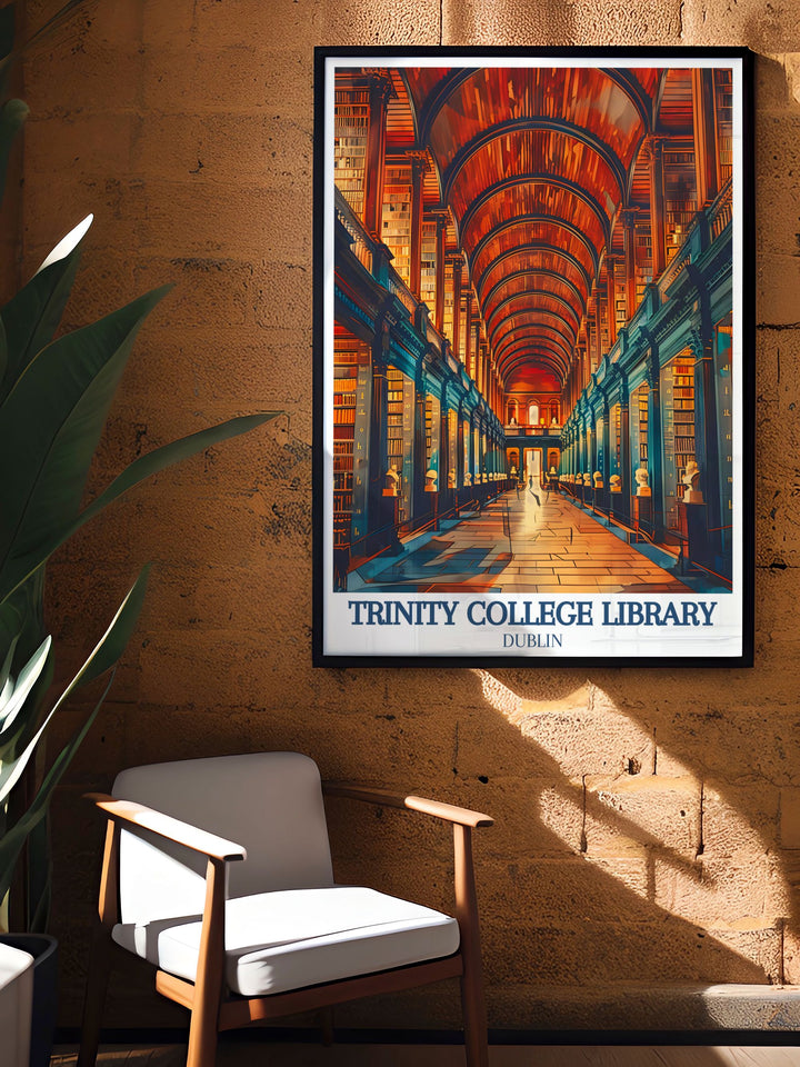 Beautiful Dublin travel print of Trinity College highlighting the historic Old Room Long Room and Trinity Library a perfect piece of modern art for your home decor