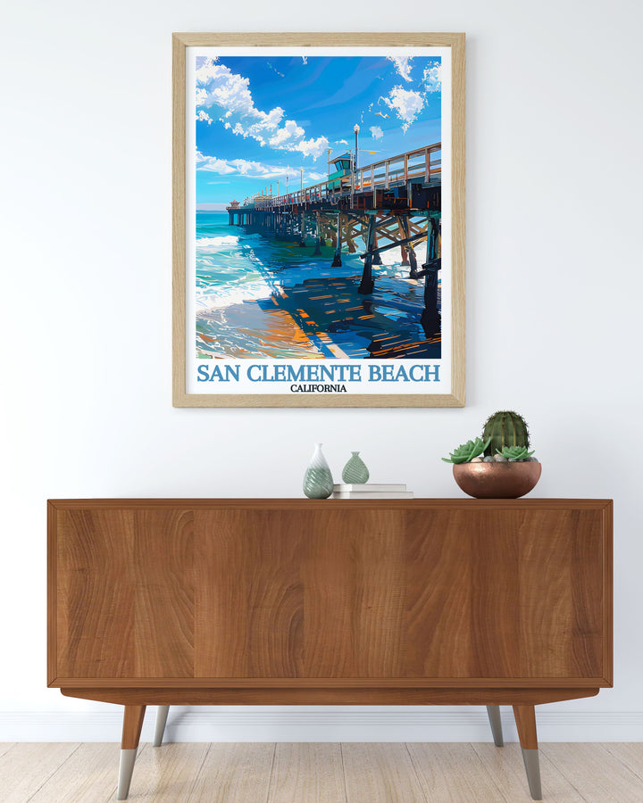 Capture the magic of Californias beaches with this San Clemente Beach Travel Print. Featuring the famous pier and sun soaked sands, this artwork is an ideal addition to any home or office looking to embrace the beauty of coastal living.