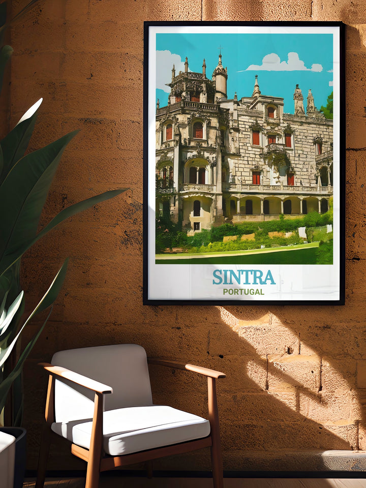 This detailed travel poster showcases the stunning Quinta da Regaleira in Sintra, Portugal, with its Gothic Revival architecture and mystical gardens. Perfect for art and travel lovers, this piece brings the magic of one of Portugals most iconic landmarks into your home décor.