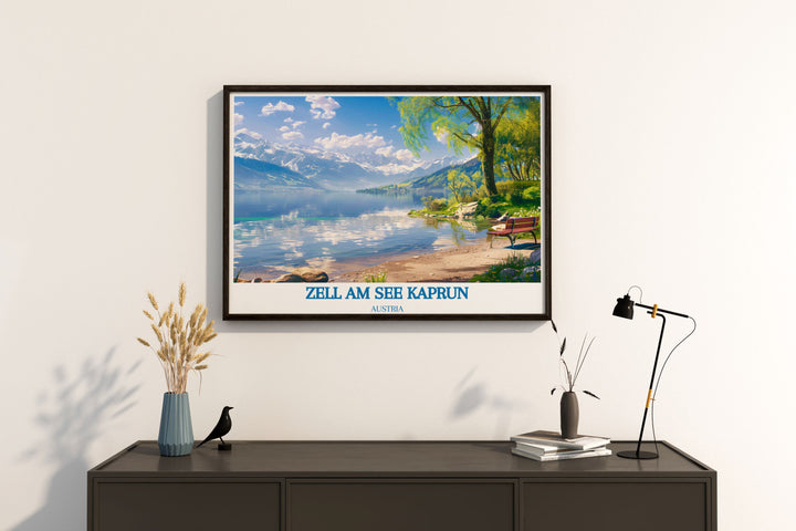Modern wall decor showcasing the picturesque landscapes of Zell am See Kaprun. The print highlights the regions diverse scenery, from snow covered mountains and serene lakes to charming villages, bringing a contemporary touch of alpine beauty to your living space. The detailed illustration and vivid colors make this artwork a perfect addition to any modern decor.
