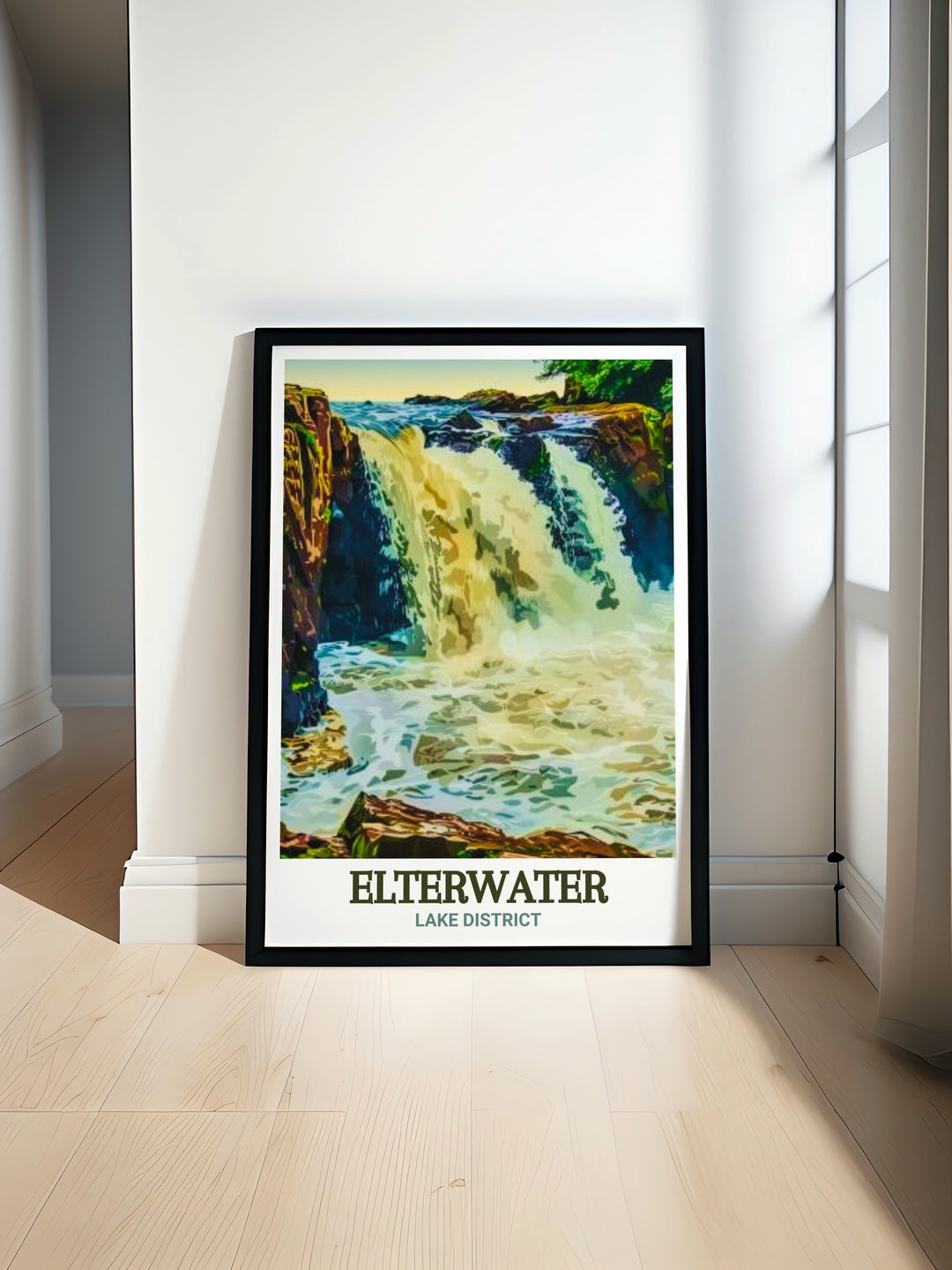 Skelwith Force modern print captures the stunning waterfall nestled in Cumbrias Lake District. This beautiful art print is perfect for those who love nature inspired decor and want to bring the beauty of the outdoors into their home.