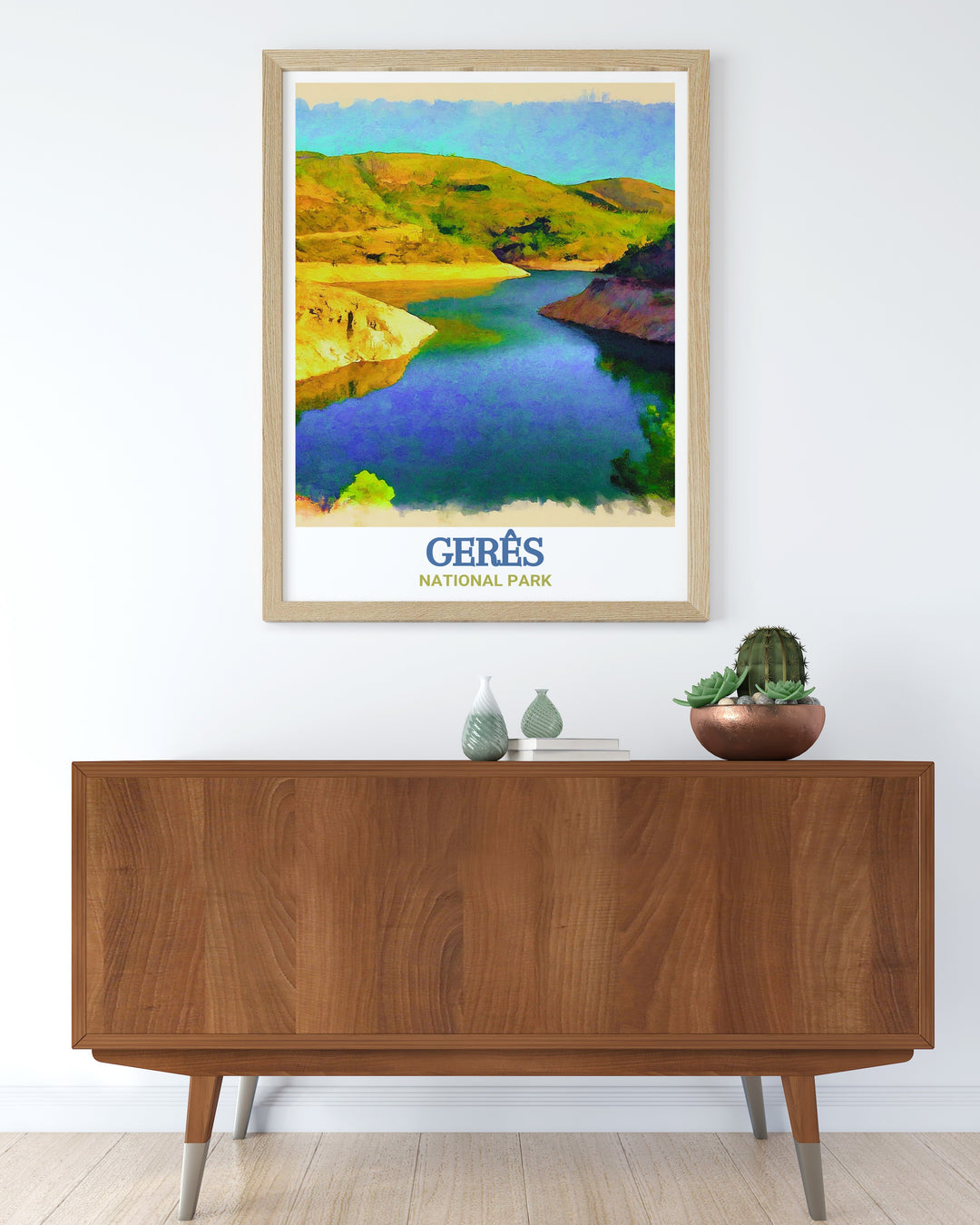 Vilarinho das Furnas Dam and Reservoir in Geres National Park is captured beautifully in this art print making it a perfect gift for travelers and nature lovers alike this national park wall decor enhances any room with its lush and tranquil depiction of Portugals historic landscapes