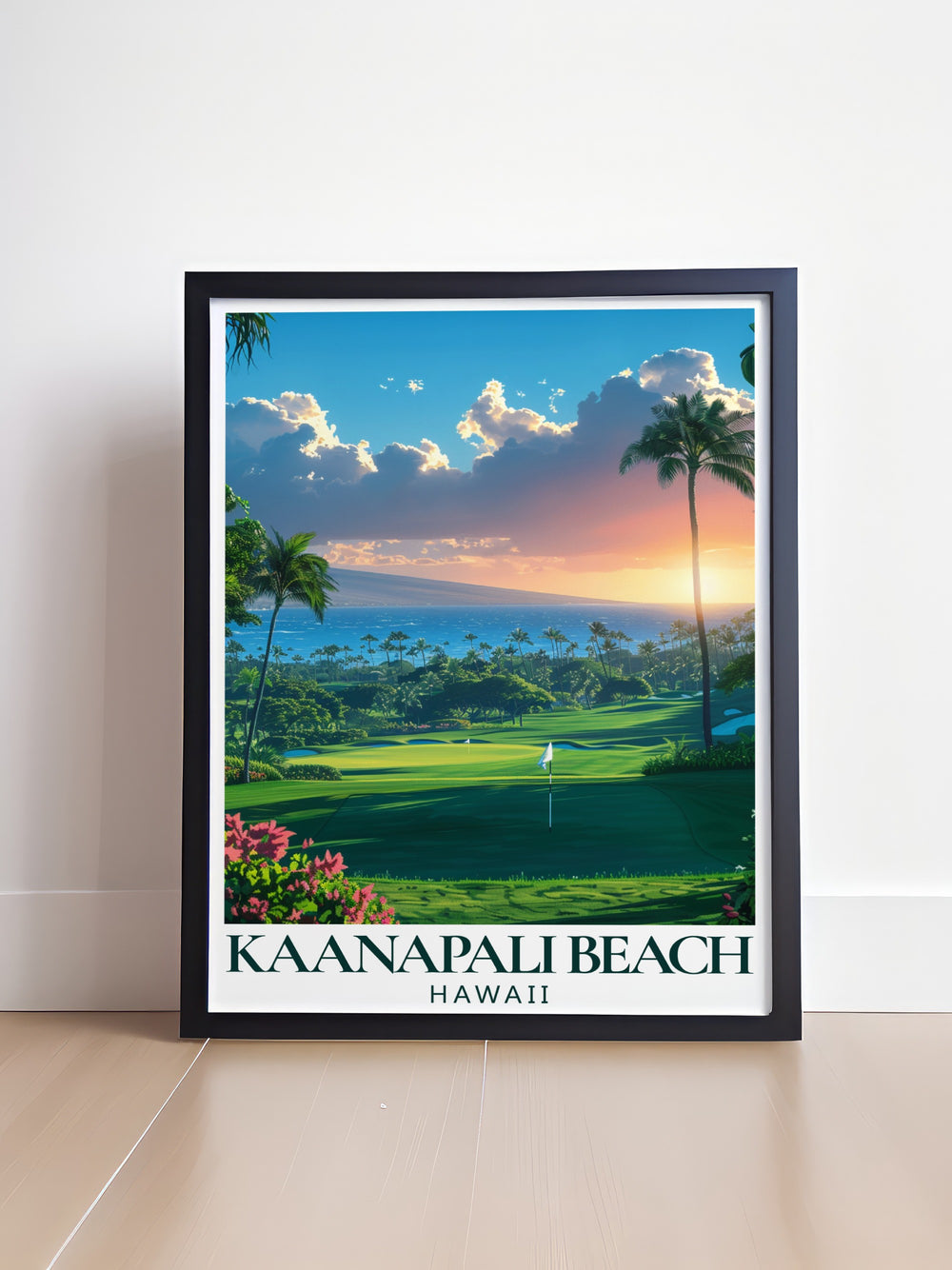 Kaanapali Golf Courses travel print blending the natural beauty of Hawaiis coast with world class golf courses. The serene beaches of Kaanapali offer an inviting backdrop, ideal for adding elegance to your home or giving a unique gift to sports lovers.