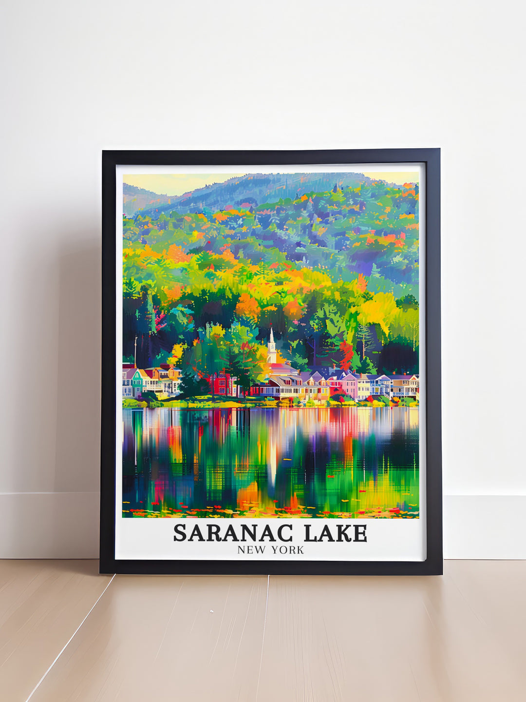 Lake Flower and Saranac River take center stage in this elegant Saranac Lake print Perfect for New York State decor this artwork captures the peaceful landscapes of the Adirondack Mountains making it a beautiful gift for any nature enthusiast