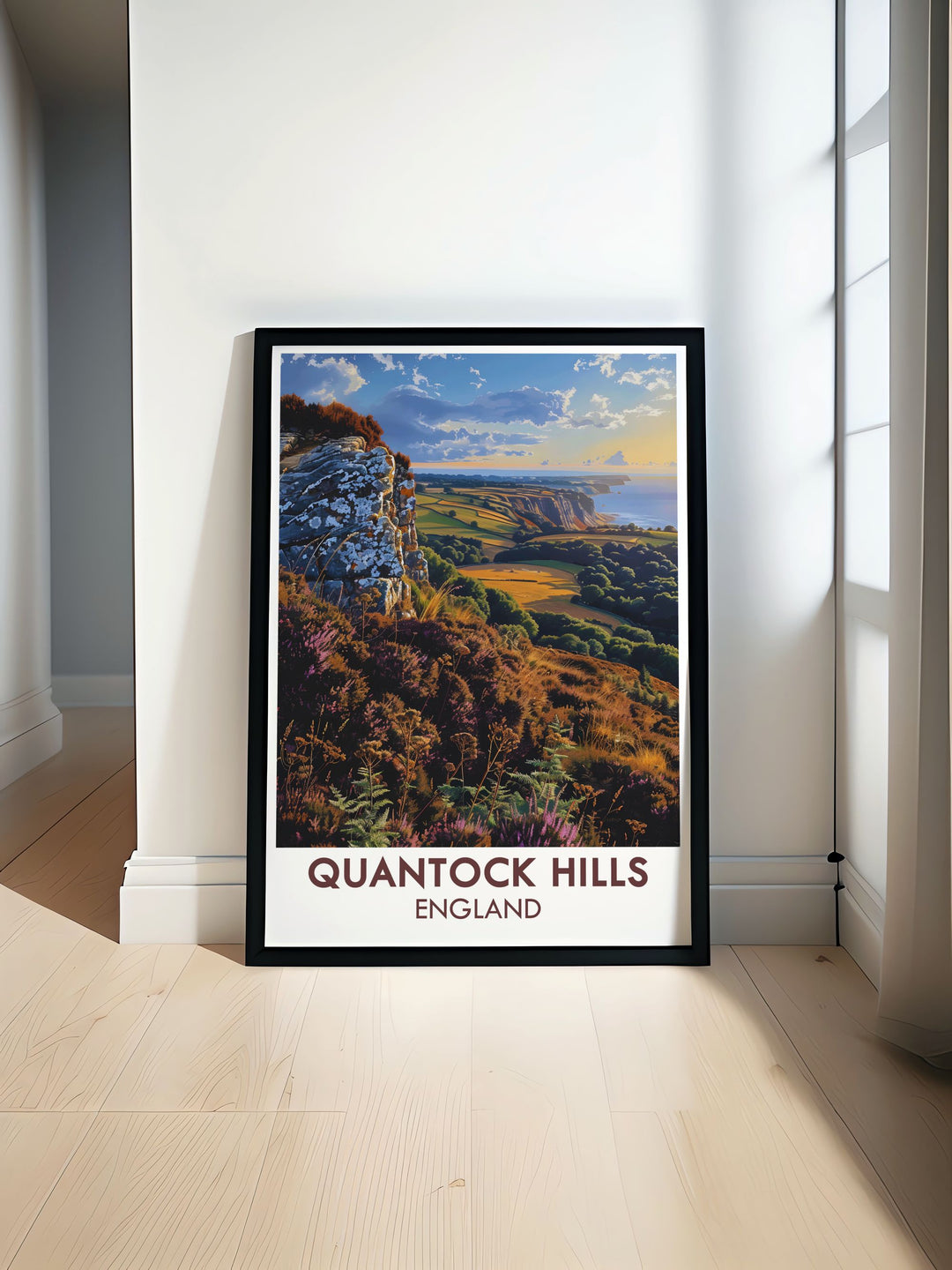 Wills Neck vintage travel print showcasing the serene beauty of Quantock Hills AONB and Somerset AONB perfect for home decor and travel enthusiasts who appreciate Somerset Travel Art and the picturesque views of Vale Taunton Deane and Quantock Heath.