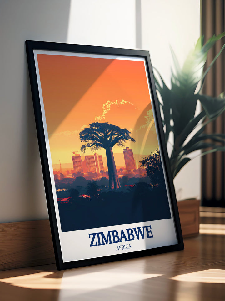 A stunning digital download of Zimbabwes Harare skyline and Mbare Musika market, showcasing the rich cultural landscape of the country. This artwork serves as an inspiring piece for anyone who loves travel and adventure.