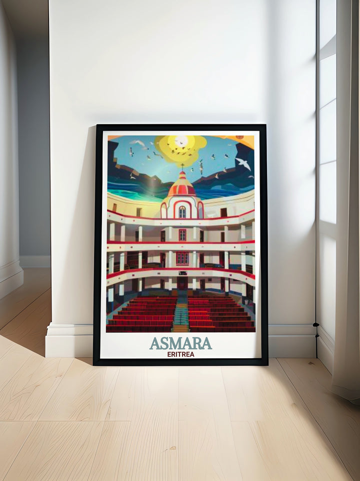 Vibrant Asmara cityscape featuring the iconic Opera House, showcasing detailed architecture in a colorful travel poster print for personalized gifts.