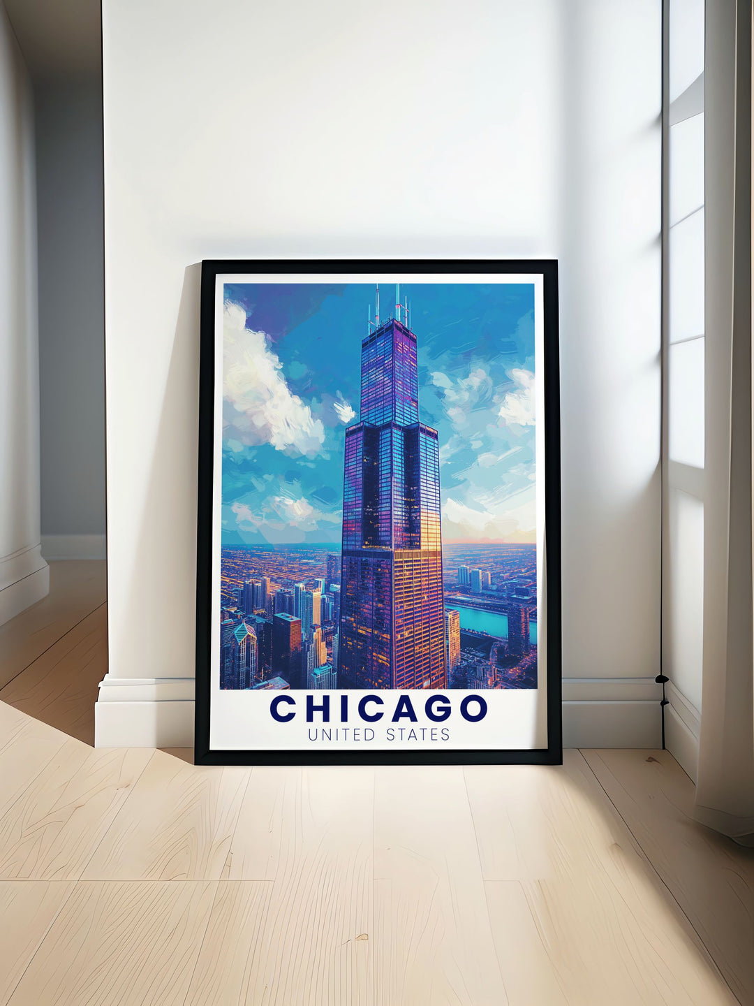 A vibrant Chicago skyline poster featuring Willis Tower in the background ideal for adding a touch of city charm to your home decor and making a unique Chicago gift with detailed city map and vintage style.