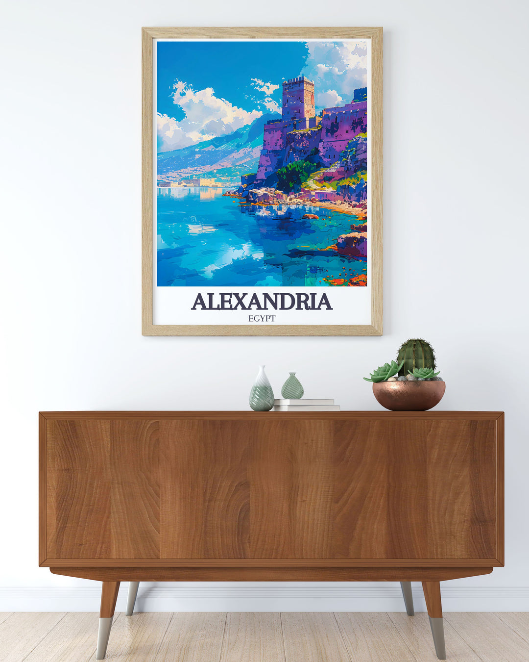 This beautiful Alexandria Egypt poster highlights the Citadel of Qaitbay Pharos Lighthouse in a vibrant and colorful design. Ideal for home or office decor, this print captures the essence of the citys rich history and stunning architecture, adding elegance to any space.