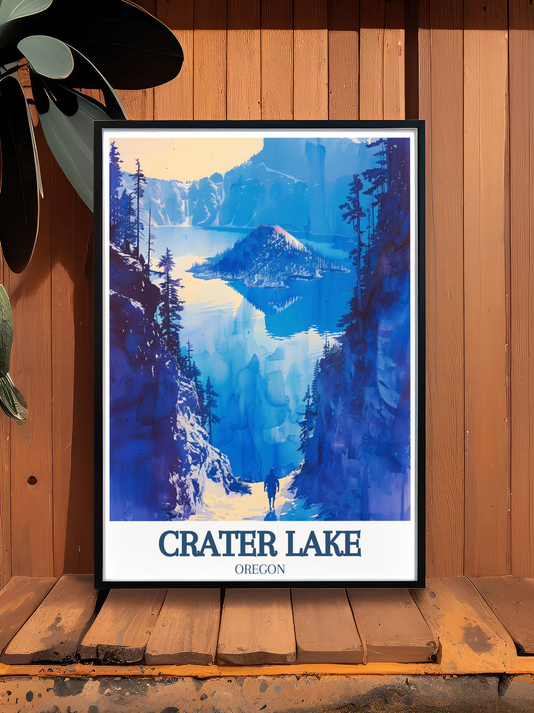 The combination of adventure at Mount Scott and the scenic beauty of Wizard Island is beautifully captured in this vintage travel poster, making it a stunning addition to any wall art collection celebrating national parks.