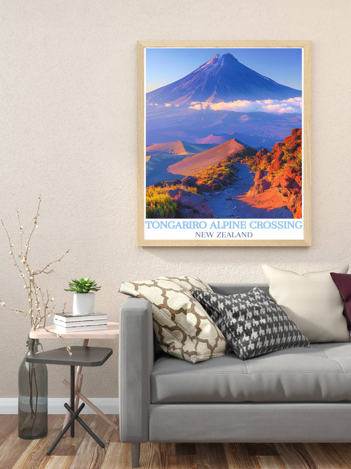 Tongariro Alpine Crossing modern wall decor offering a detailed depiction of New Zealands most famous hiking trail, with vibrant imagery of volcanic landscapes and lush greenery.