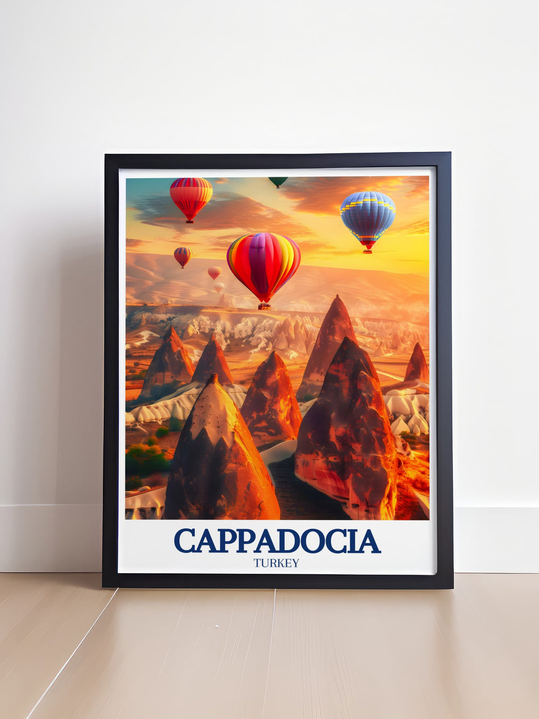 This stunning Cappadocia travel print captures the beauty of Turkeys famous Fairy Chimneys alongside the breathtaking sight of hot air balloons soaring over the landscape. Perfect for wall decor, this poster is ideal for anyone who loves unique travel destinations.