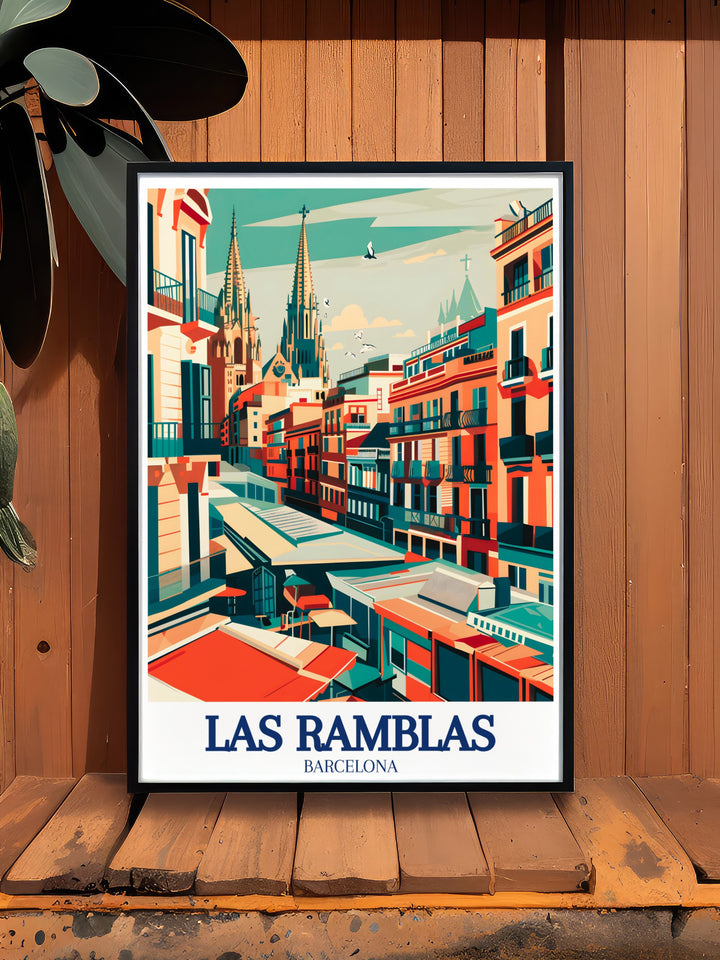 A stunning travel print of La Rambla de Sant Josep in Barcelona, capturing the unique blend of art, architecture, and local life that defines this historic street. Perfect as a framed art piece or wall poster, this artwork is a must have for anyone with a love for Spains vibrant cityscapes.