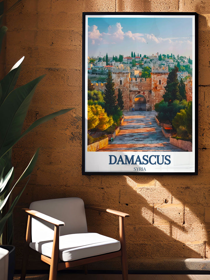 Framed art depicting the dynamic atmosphere of Sun City in Damascus, highlighting the blend of traditional and modern elements.