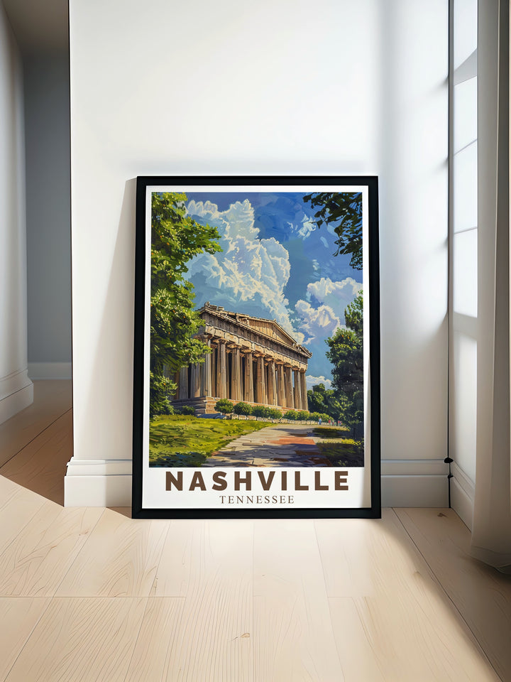 Celebrate the charm of Nashville with this Parthenon Framed Art. Featuring the iconic replica of Greeces Parthenon, this print is perfect for those who love southern charm combined with historical grandeur.