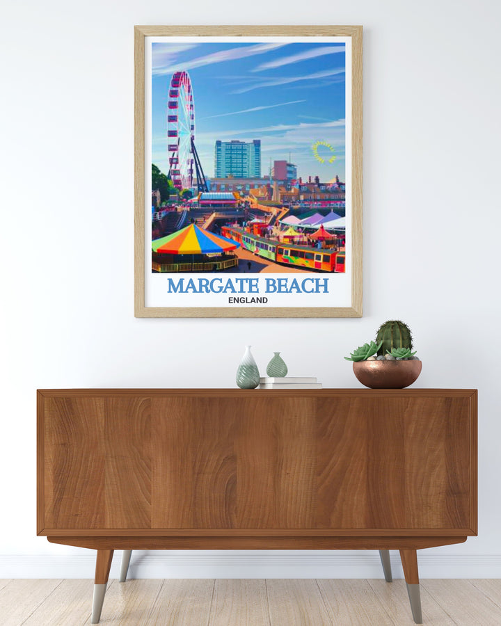 Our Margate Beach Print showcases the lively seafront and the iconic Dreamland Margate amusement park in a vibrant color palette. Perfect for those who love British seaside towns, this framed print is an eye catching addition to any room.