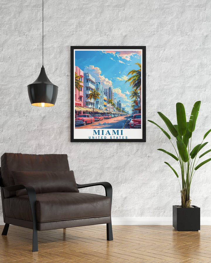 Our Florida Canvas Art highlights the Art Deco District in Miami Beach, combining the beauty of historic buildings with the elegance of modern art. Perfect for homes, offices, or as a travel gift, this print brings a touch of Miamis cultural heritage to your decor.