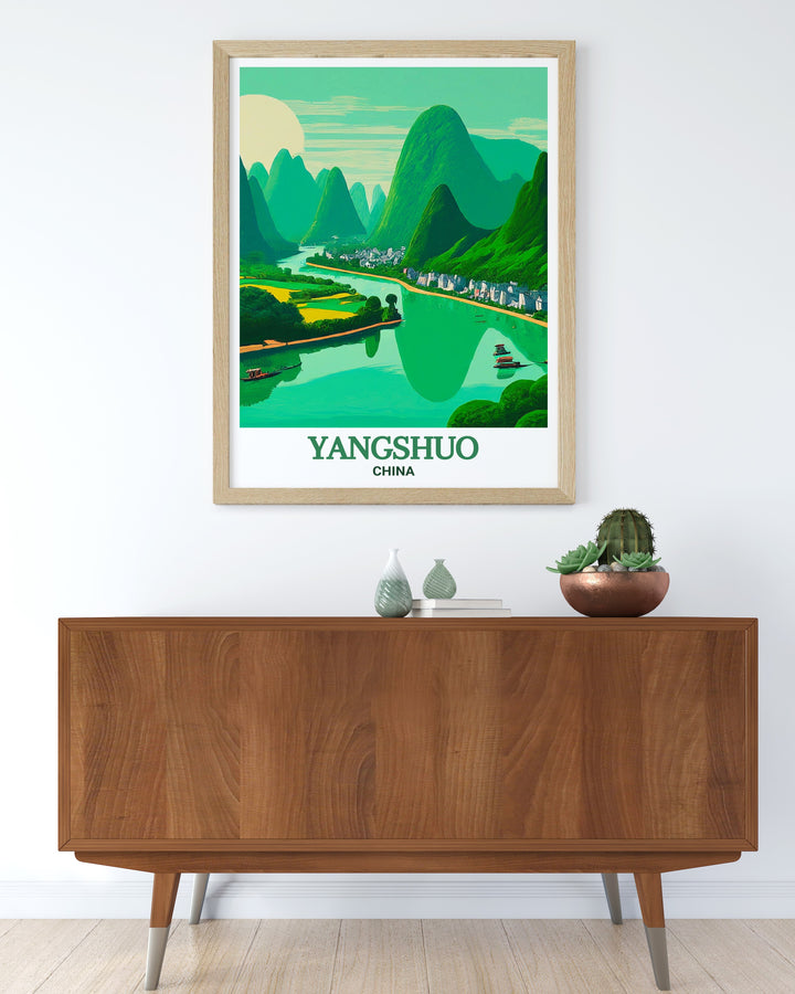 Canvas art highlighting the natural beauty of the Li River in Yangshuo, China. This print captures the harmony between the peaceful river and the towering karst formations, ideal for anyone looking to add a sense of calm and adventure to their decor.