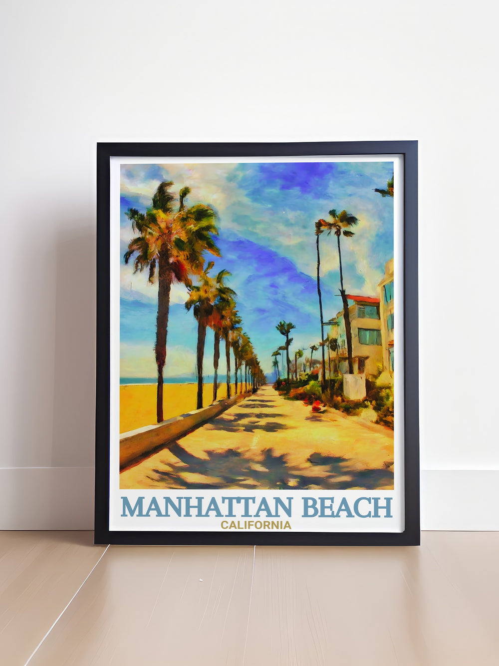 This Manhattan Beach poster print showcases the stunning coastline and the vibrant energy of The Strand. Featuring rich colors and detailed artistry, this travel print brings the beauty of Californias beach culture into your home, making it perfect for beach lovers.