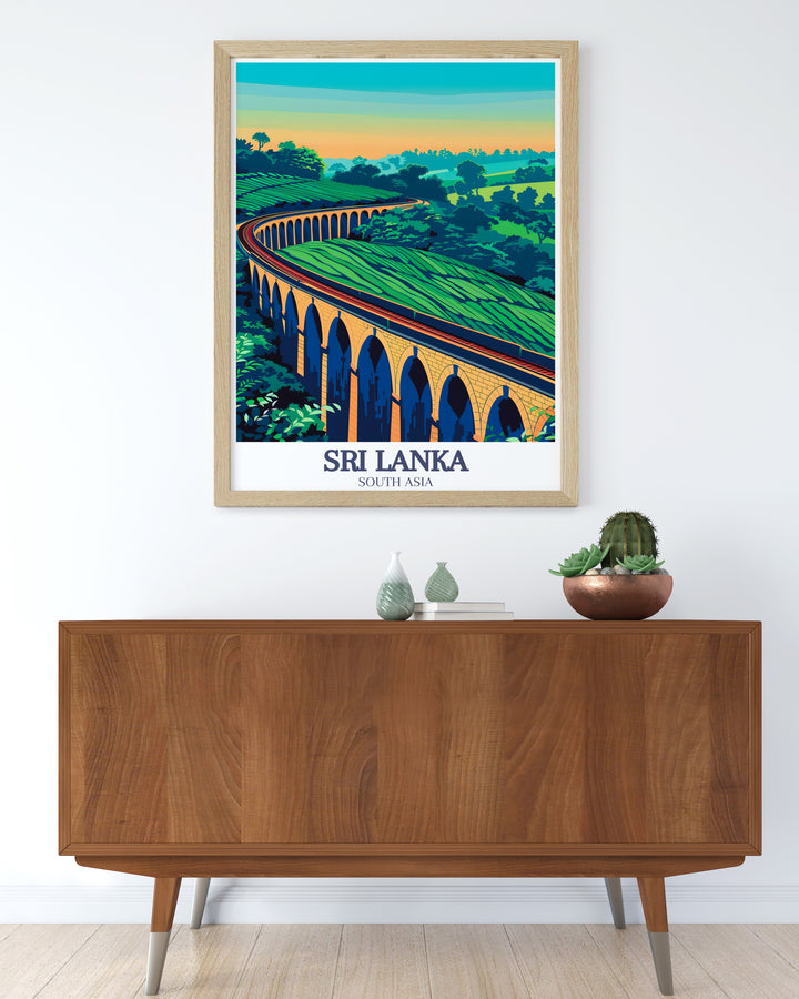 A stunning framed art print featuring Sri Lankas Nine Arch Bridge and the peaceful region of Demodara. The travel poster showcases the breathtaking views and architectural beauty of this historic railway, offering a timeless piece of Sri Lankan art for any room.