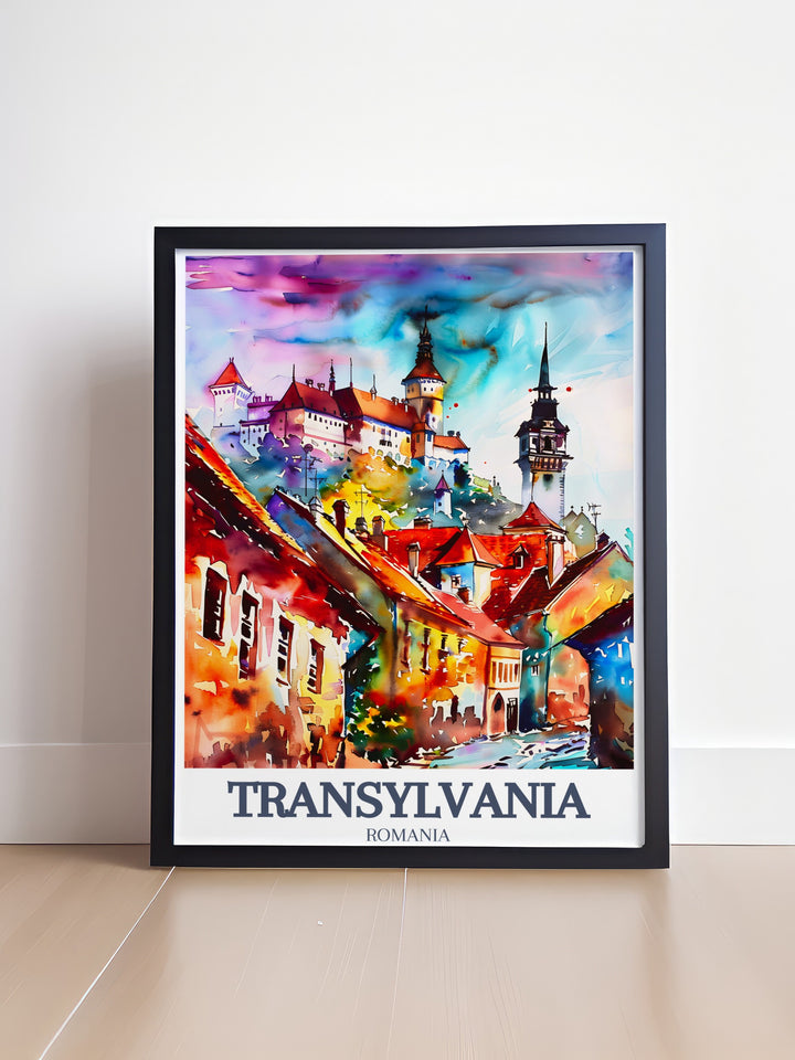 Our Bran Castle poster print highlights the gothic allure of Draculas Castle alongside the charm of Sighișoara Citadel, offering a stunning view of Transylvanias architectural heritage. Perfect for fans of Romanian history, this framed print is a must have.