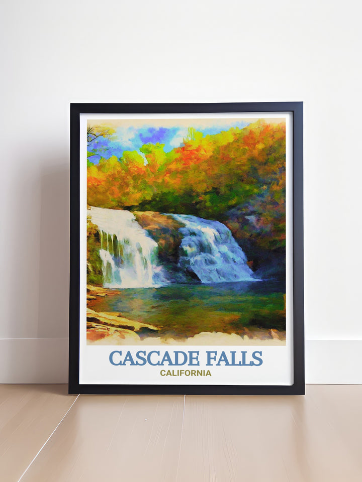 Discover the tranquil beauty of California with this Cascade Falls art print complemented by Upper Cascade Falls modern decor for a sophisticated and stylish addition to your home or office creating a peaceful and inspiring atmosphere.