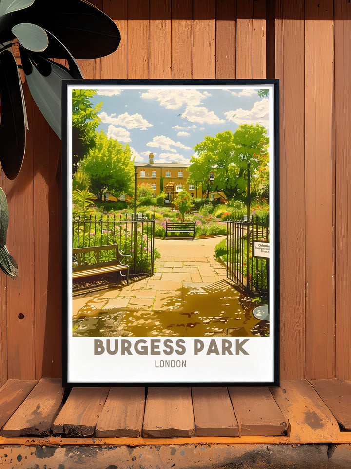 This Burgess Park London travel poster beautifully depicts the parks lush landscapes and the charming Chumleigh Gardens and Café. The vibrant colors and intricate details make it a standout piece of wall decor for any space.
