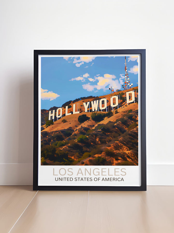 Stunning Hollywood Sign Artwork in a Los Angeles Print format. Ideal for creating a stylish atmosphere in your home or as a memorable gift for fans of California and iconic landmarks.