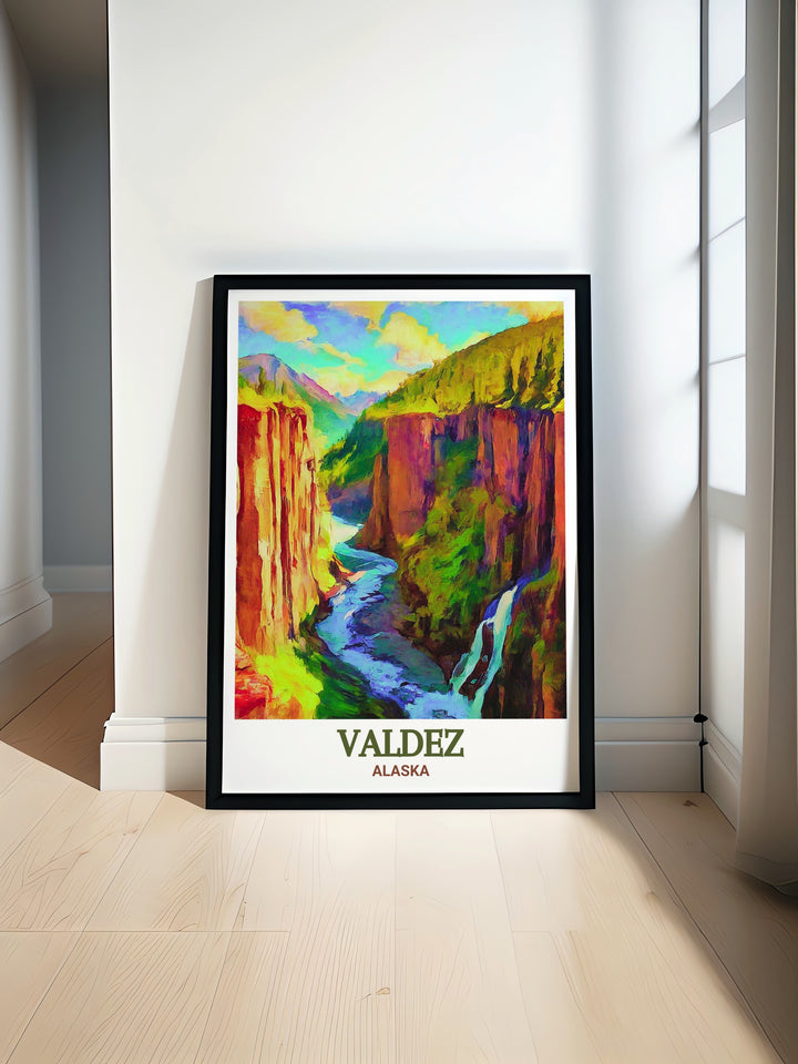 Capture the essence of Alaska with this travel print featuring Valdez and the dramatic landscapes of Keystone Canyon. This artwork showcases the natural beauty of Alaska, from its towering cliffs to the serene waterfalls, perfect for those who love the great outdoors.